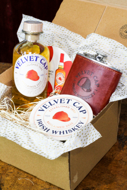 Velvet Cap Irish Whiskey & Branded Hip Flask GIft Set